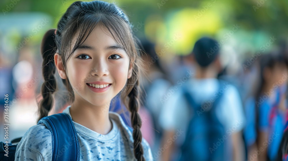 Asian little girl smiles happily in a school setting