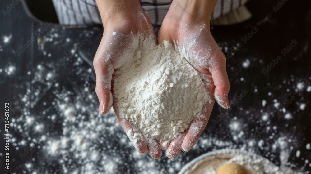 Fototapeta premium Baker's hands with flour. White flour on the background of the kitchen table. Baking powder.