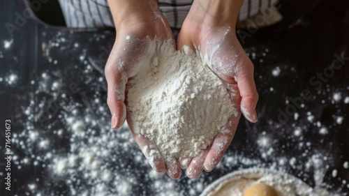 Baker's hands with flour. White flour on the background of the kitchen table. Baking powder.