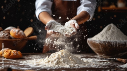 Baker's hands with flour. White flour on the background of the kitchen table. Baking powder.