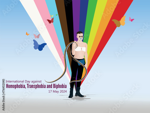 International Day against Homophobia, Transphobia and Biphobia.
Young girl with colorful ribbons of all collectives.