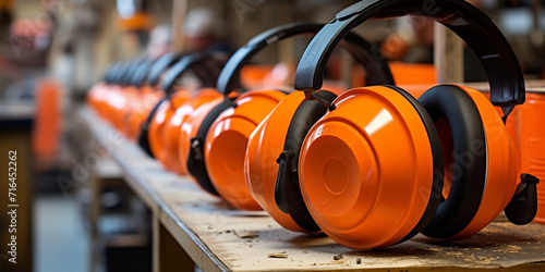 Close up of orange earmuffs on table in workshop safety construction concept, Protective Equipment: Orange Earmuffs on Table in Construction Context photo