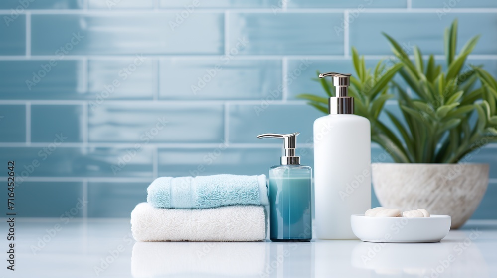 A serene and tidy bathroom setup displaying a white soap dispenser, fresh towels, and a green plant against a blue-tiled wall, depicting cleanliness and personal care.