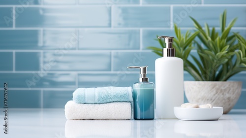 A serene and tidy bathroom setup displaying a white soap dispenser, fresh towels, and a green plant against a blue-tiled wall, depicting cleanliness and personal care. photo