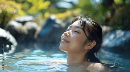 Portrait of a Young and Pretty Asian Woman Bathing in Hot Springs. Generative AI.