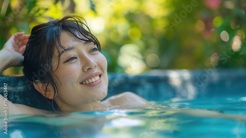 Portrait of a Young and Pretty Asian Woman Bathing in Hot Springs. Generative AI.