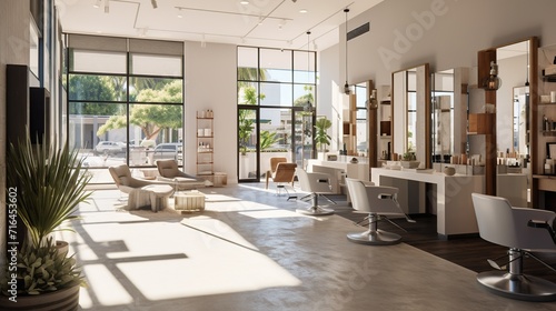 This image showcases a modern salon interior with a minimalist design, natural light, and a tranquil atmosphere, reflecting contemporary elegance and style.