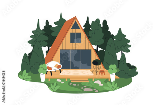 Wood A-frame house in forest. Summer building, holiday home of triangle shape...
