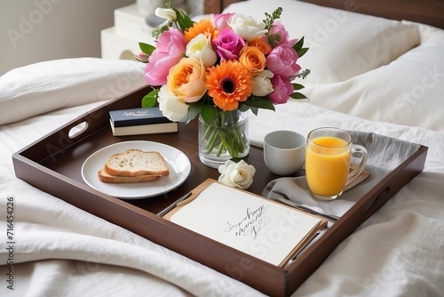 A breakfast-in-bed setup with a tray adorned with flowers and a handwritten card, a perfect surprise for Mother's Day photo