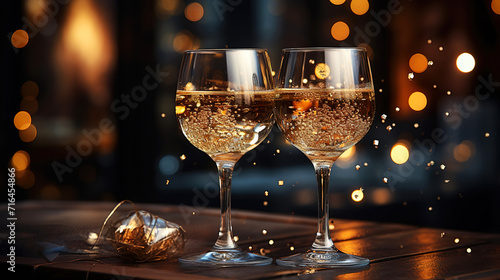 Alcoholic Fill the Glasses at the Nightclub Party With Gold Glowing Blur Background