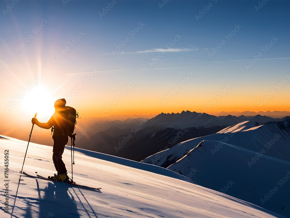 Silhouette of person with skis and snow poles, sunset from the hill. Silhouette of person with skis and snow poles, sunset from the hill.
