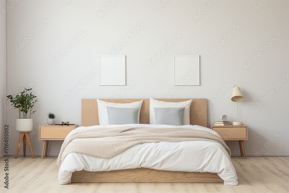 Minimalist double bedroom with bay window