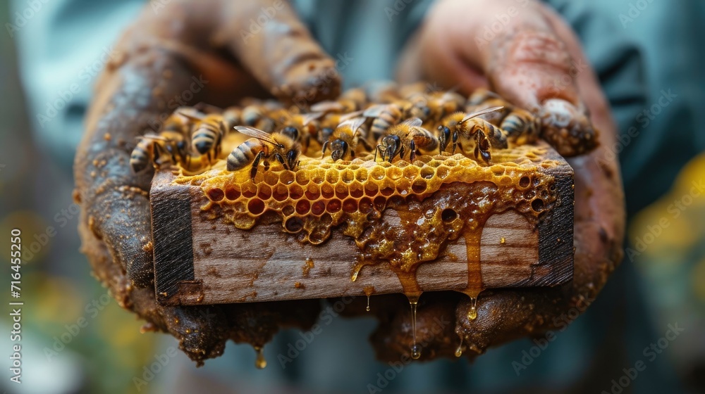 Harmonious Beekeeping: Meticulously Collecting Honey, a Testament to Sustainable Apiculture Practices - obrazy, fototapety, plakaty 
