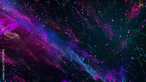 Digital Pixel Noise Glitch Art Effect On The Universe In Space With Neon Lights. Copy paste area for texture. Fantasy background 