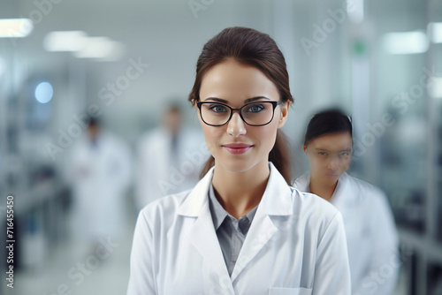 A beautiful young woman scientist wearing white coat and glasses in modern Medical Science Laboratory with Team of Specialists on background.