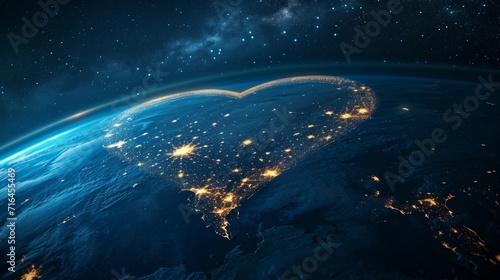 Planet earth with city lights in the shape of a heart view from space. Cosmic love