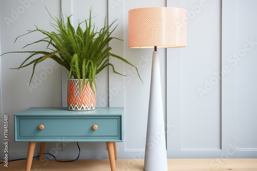 tall slimline bedside lamp with conical shade beside plant pot photo