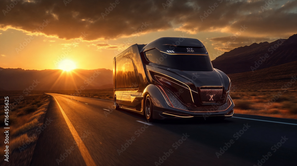 a large semi truck driving down a road at sunset with the sun behind it and mountains in the distance, generative ai