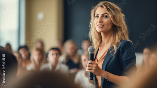 A confident businesswoman delivering a corporate presentation at a seminar or conference.