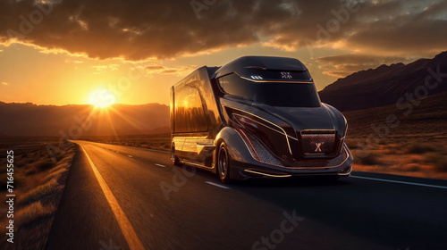 a large semi truck driving down a road at sunset with the sun behind it and mountains in the distance, generative ai © Vitaliy