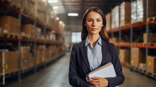A confident businesswoman standing with clipboard in distribution warehouse.