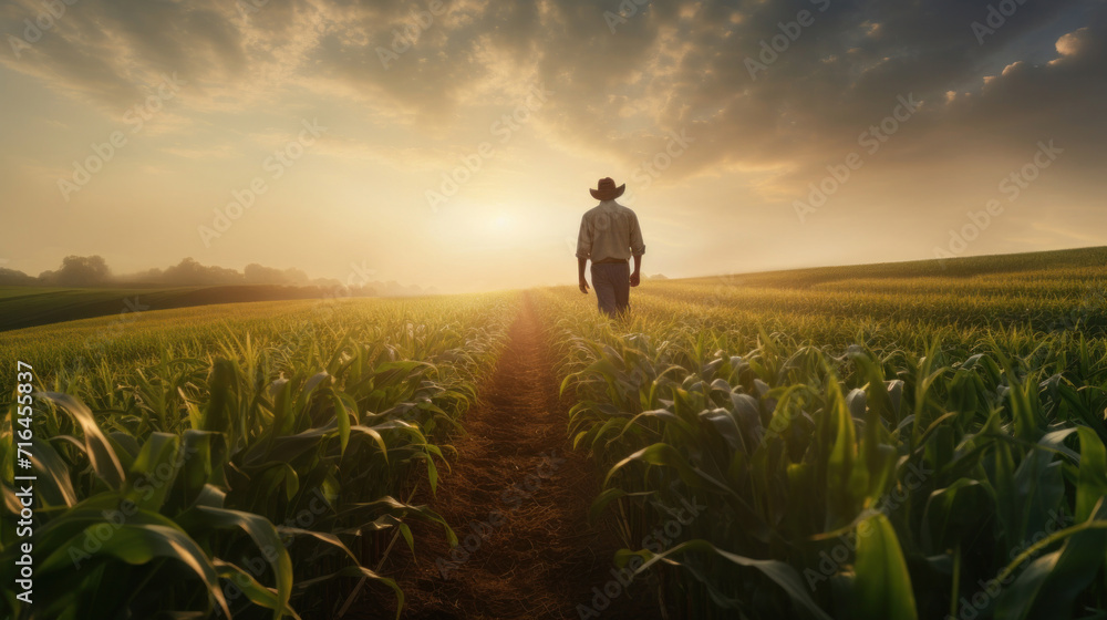 Fototapeta premium A farmer walking through corn field at dawn, grain silo in the distance, Agriculture concept.