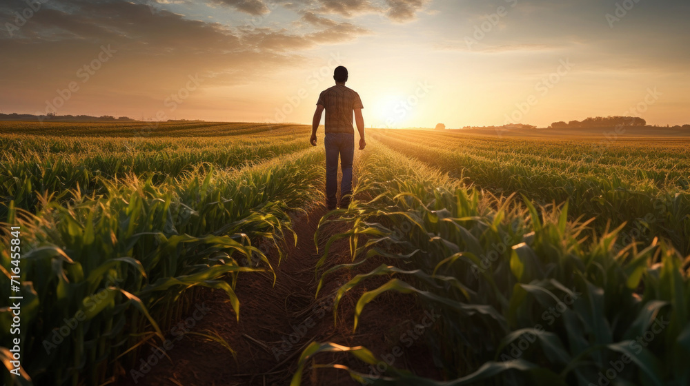 Fototapeta premium A farmer walking through corn field at dawn, grain silo in the distance, Agriculture concept.