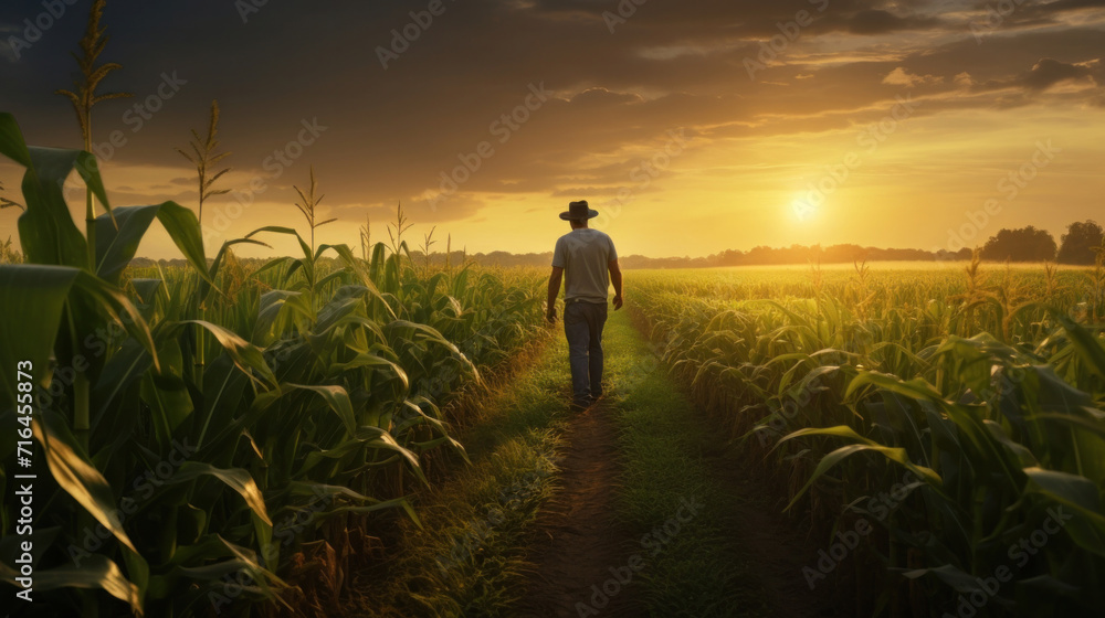 Fototapeta premium A farmer walking through corn field at dawn, grain silo in the distance, Agriculture concept.