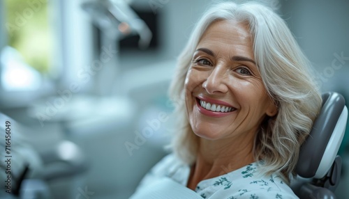Satisfied senior woman at dentist's office looking at camera, beautiful smile,
