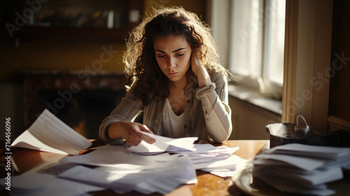 A poignant representation of personal debt and economic downturn, Stressed young woman reviewing her bills, reflecting financial strain during a recession.