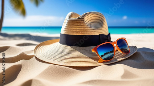 Straw hat and sunglasses on the sand near the sea.