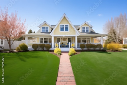 lush front lawn leading to a cape cod with distinguished symmetrical dormers photo