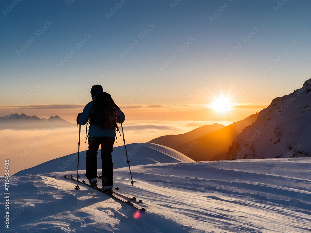 Silhouette of a person with skis and snow poles at altitude. The sun sets from the hills. Silhouette of a person with skis and snow poles at altitude. The sun sets from the hills.