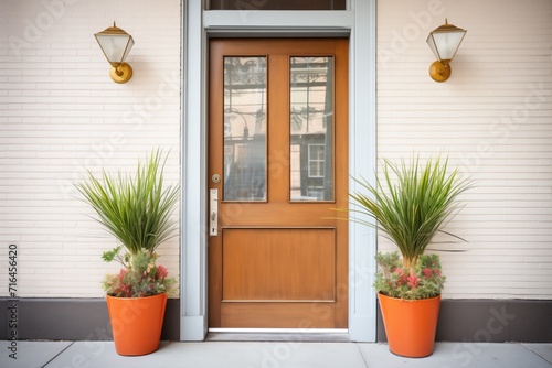 elegant door with brass handle, flanked by planters photo