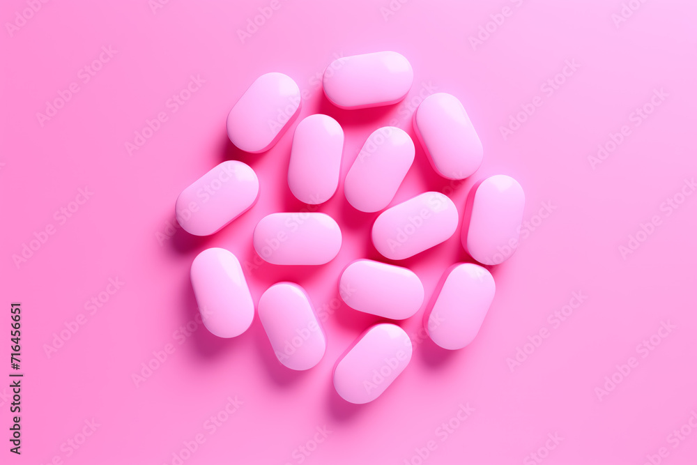 Closeup of pink candy hearts and sweets in shape of love symbol on pink background, for Valentine's day