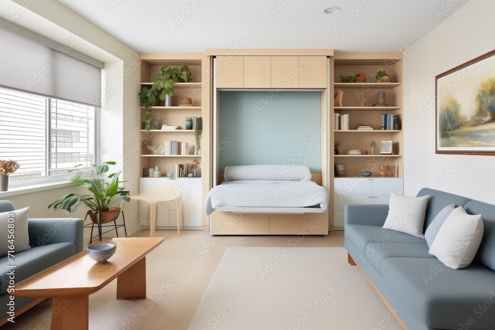 Fototapeta premium openplan studio apartment with murphy bed and builtin shelves