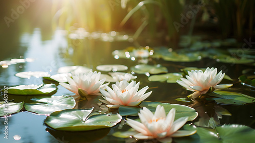 A composition of floating water lilies on a tranquil pond under a warm sun  creating a serene and idyllic scene