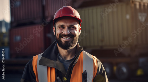 A smiling male logistics coordinator managing harbor operations, surrounded by shipping containers, ensuring efficient and timely delivery of cargo.