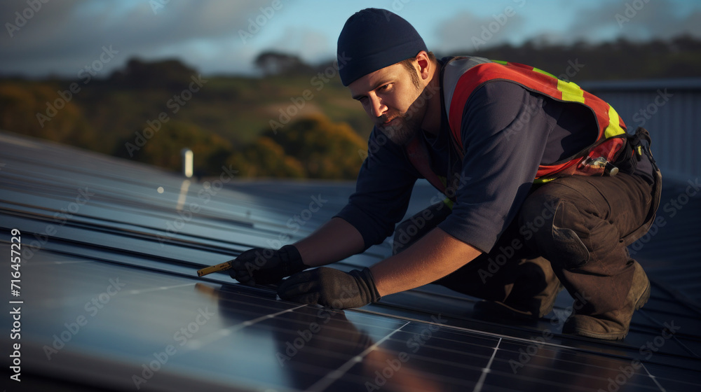 A solar power consultant expert on a roof installing solar panels. A solar power consultant expert on a roof installing solar panels.