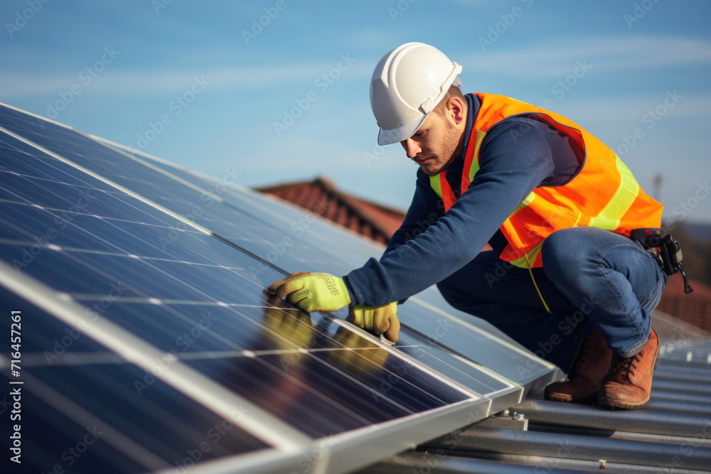 A solar power consultant expert on a roof installing solar panels.