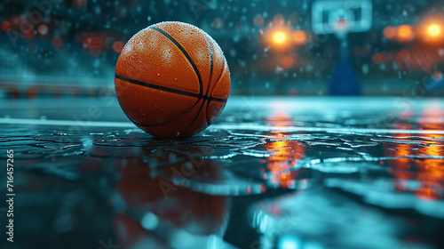 Basketball on Glossy Court Floor with Lighting © Dadee