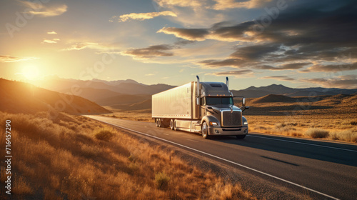 A transport semi-truck effortlessly crossing the expansive terrain of the southwest United States, a representation of logistics, freight, and delivery. photo