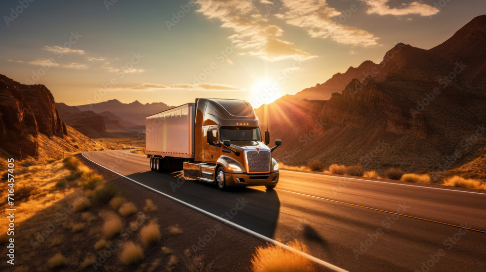 A transport semi-truck effortlessly crossing the expansive terrain of the southwest United States, a representation of logistics, freight, and delivery.