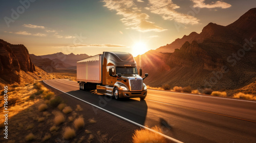 A transport semi-truck effortlessly crossing the expansive terrain of the southwest United States, a representation of logistics, freight, and delivery. photo