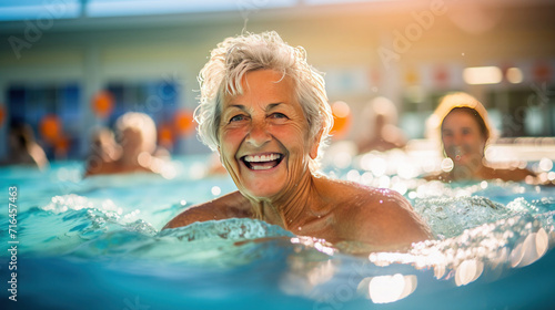 Active senior women enjoying aqua fit class in a pool, retired lifestyle. © Wararat