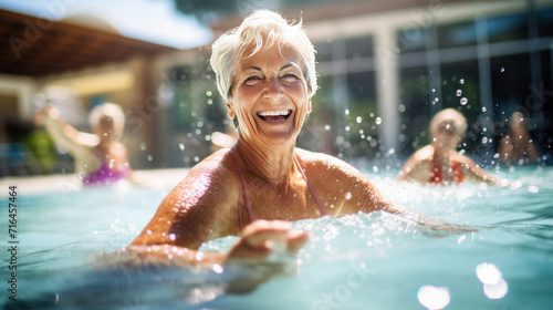 Active senior women enjoying aqua fit class in a pool, retired lifestyle.