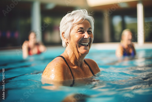 Active senior women enjoying aqua fit class in a pool, retired lifestyle. © Wararat
