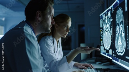 Medium close-up a male and a female doctor analyzing result of a brain scan