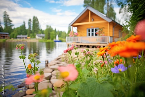 Fotografija wooden cottage with colorful flowers by the lake