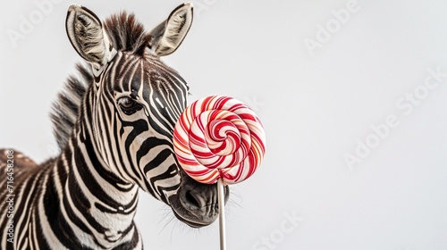 Zebra with candy lollipop on a isolate white background